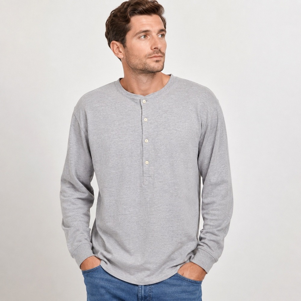 J CREW Oarsman Cotton Long Sleeve Henley Shirt Heritage Minimalist Grey Sz L